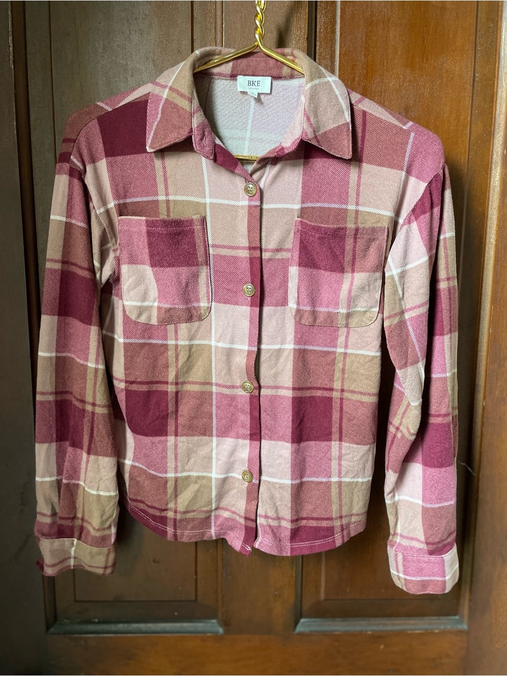 BKE girls youth large plaid button down top